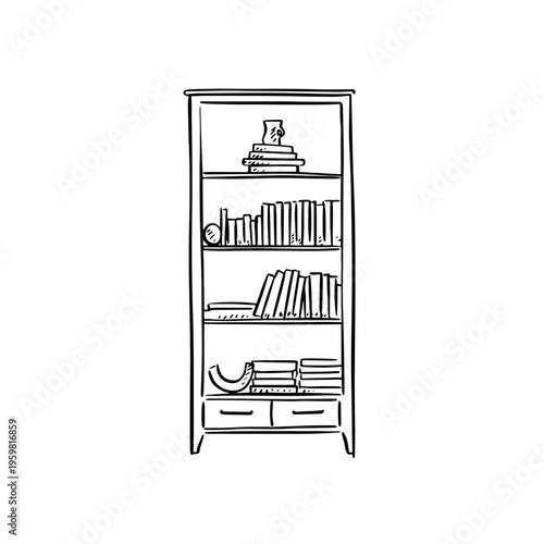 Bookcase illustration with books and trinkets inside. Black and white hand drawn sketch.
