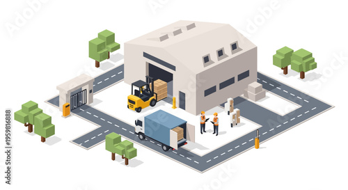 Isometric Warehouse Logistics: Forklift Loading Delivery Truck. Supply Chain Management & Global Shipping Concept Illustration.