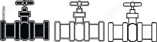 A set of three monochrome vector set showing a gate valve connected to pipe section, depicted to solid black, outlined and line art style for plumbing or industrial design.