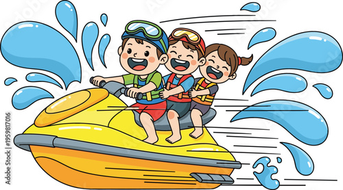Happy kids riding jet ski with water splash, cartoon vector illustration of children enjoying summer water sport adventure