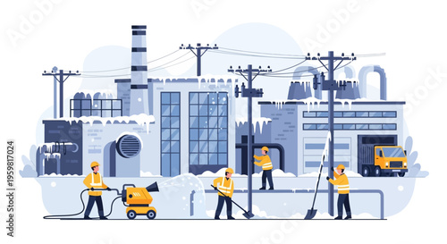 Industrial Snow Removal: Workers Clearing Snow Around Factory and Plant Buildings in Winter. Cold Weather Maintenance and Safety Operations.