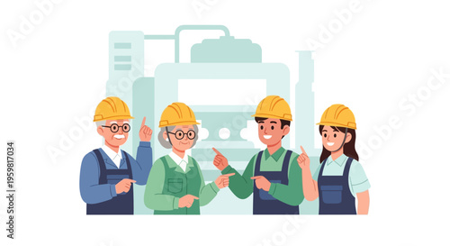 Intergenerational Factory Team Collaboration: Diverse Workers in Hard Hats Discussing Production & Mentorship