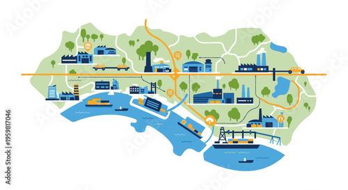 Industrial Supply Chain & Logistics Network Map. Manufacturing, Production, & Global Transportation with Factories, Ports, Roads, Railways. Vector Illustration.