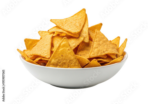 A small white bowl filled with orange tortilla chips isolated on transparent background