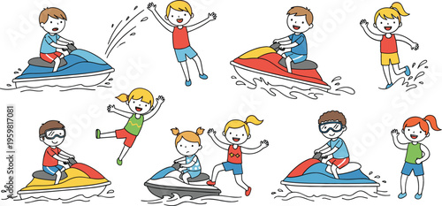 Kids enjoying water activities with jet ski and splashing play, vector illustration set of children having fun in summer water sports