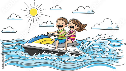 Happy kids riding jet ski on ocean waves under sunny sky, cute cartoon vector illustration of children enjoying summer water adventure