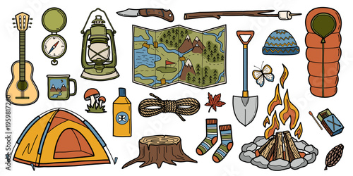 Camping doodle vector illustration set. Equipment for hiking, tent, paper map, flashlight, backpack, compass, signpost, campfire. Forest adventure, outdoor recreation activity icons