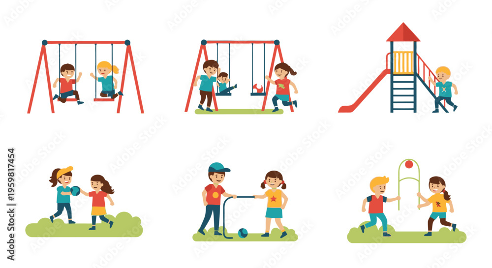 Fototapeta premium Children enjoying various outdoor activities on a playground and grassy areas