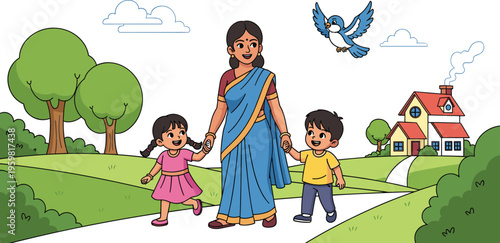 Mother walking with children in park near home, cute cartoon vector illustration of family bonding in nature with happy outdoor lifestyle