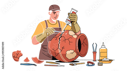 Art Restoration in Progress: An artisan meticulously repairs a cracked pottery, his focus and skill evident as he applies adhesive. Evoking the art of preservation and revival.
