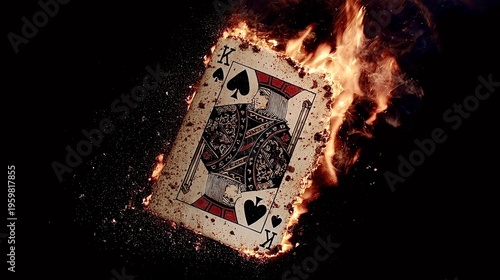 King of spades playing card burning with fire