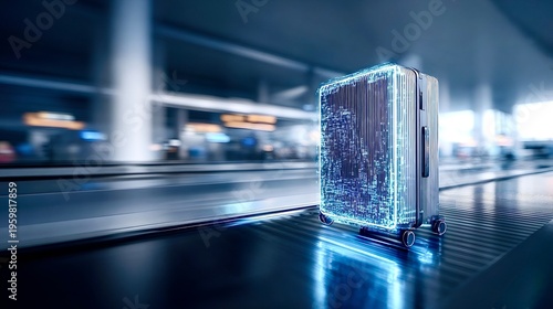 Smart suitcase displaying digital data moving on airport conveyor