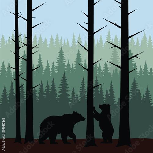 Two bears standing in forest together.