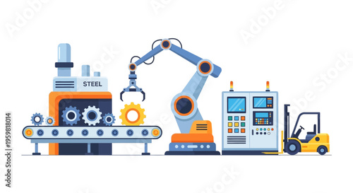 Automated Factory Production Line with Robotic Arm, Conveyor Belt, and Forklift in Steel Manufacturing