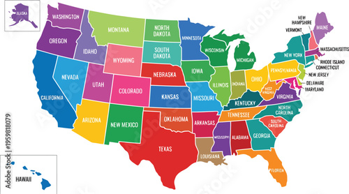 Colorful Map of United States with Labeled States