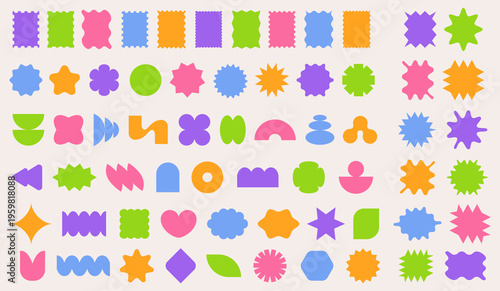 Y2k stickers set. Color geometric figures. Abstract badge vector kit. Vibrant shape bundle Y2K star, triangle, square and abstract form. Retro graphic decoration template in the Bauhaus style.