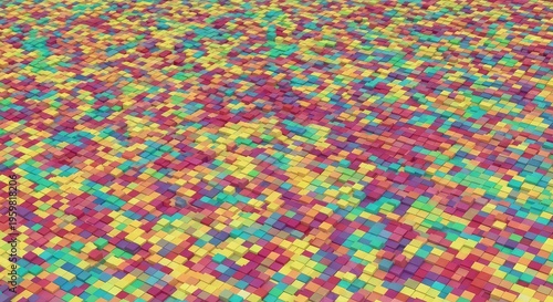 A colorful abstract background created from numerous tiny, irregular pixel blocks, suggesting digital distortion or retro geometric noise, square, shape, pixel