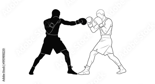 Two boxers engaged in a sparring match dynamic black silhouette