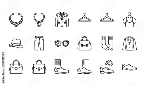 Modern fashion line icon pack with jewellery suit trousers and accessories vector isolated on white background
