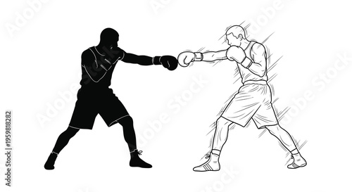 Two boxers in action one depicted as a striking silhouette