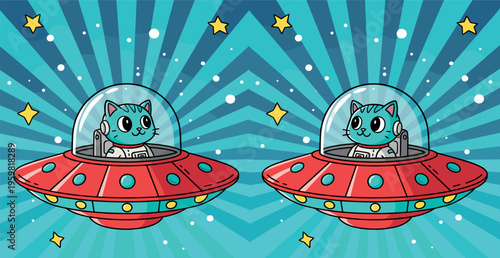 Cute Cat in UFO Spaceship Cartoon Illustration Set with Alien Pet Flying Saucer Stars and Cosmic Background for Kids Design