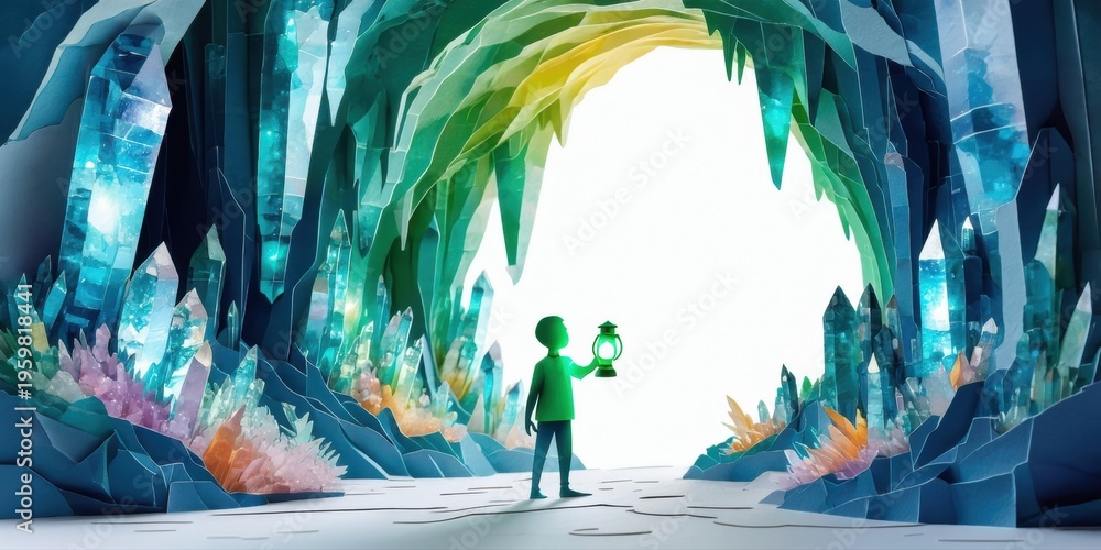 Fototapeta premium Alien stands inside crystal cave. Light source illuminates path forward. Dramatic lighting creates mysterious atmosphere. Colorful formations surround figure.