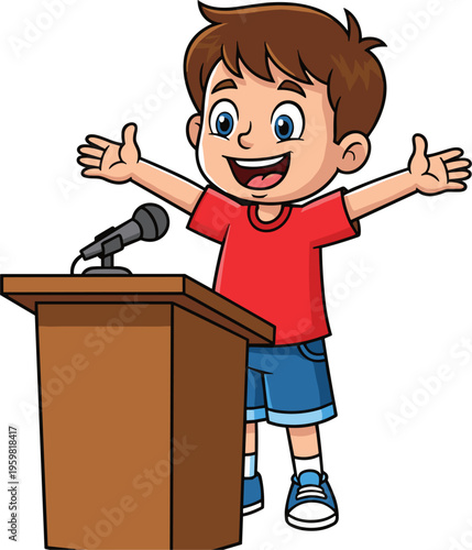Cartoon illustration of a happy young boy standing at a podium giving a speech with open arms, isolated on white.