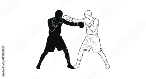 Two boxers engaged in combat one depicted as a striking silhouette