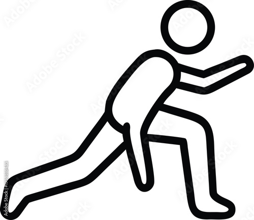 A simple black and white line drawing depicts a person in a lunge position commonly associated with fitness and exercise routines high quality professional detailed modern