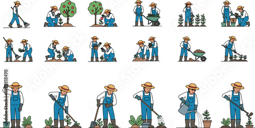 Farmer Vector Set in Various Gardening and Agricultural Poses with Planting, Watering, and Harvesting Activities
