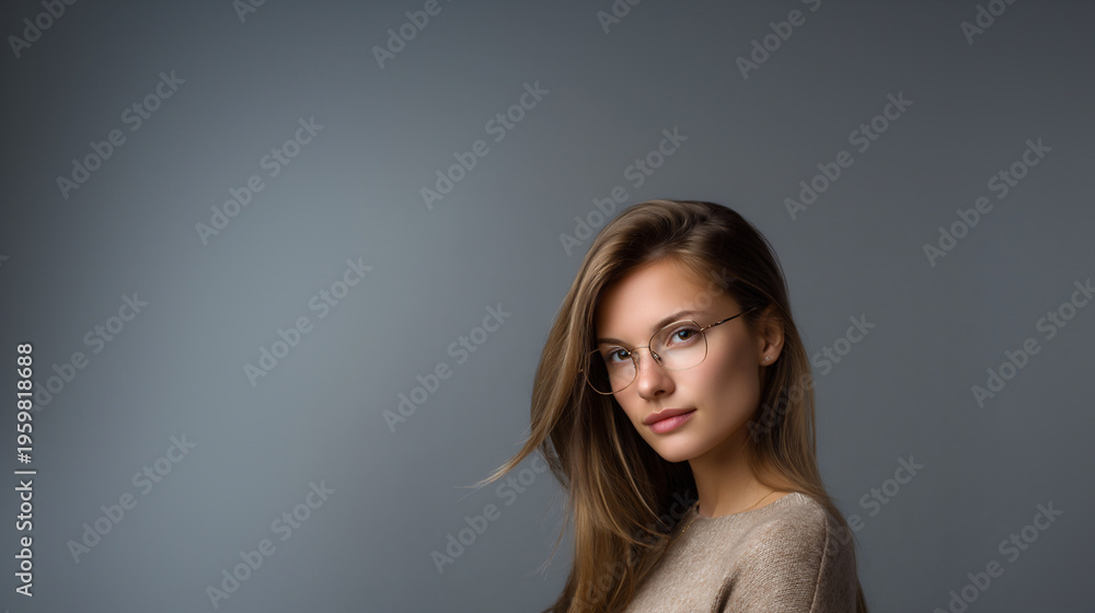 Fototapeta premium elegant european woman in soft studio lighting, modern professional woman with minimalist style, intellectual female portrait with natural expression