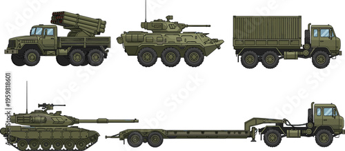 Set of military vehicles including a battle tank, rocket launcher truck, armored personnel carrier, and heavy transport trucks, isolated on white.