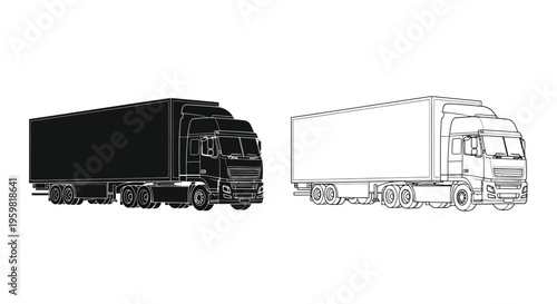 Black and white illustration of two semi trucks with trailers