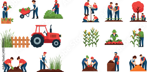 Farmers and Agricultural Work Vector Set with Tractor, Planting, Harvesting, and Gardening Activities