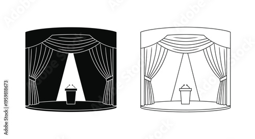 A stage with curtains and a podium presented in two distinct styles
