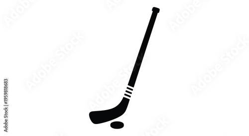 A simple black silhouette illustration of a hockey stick and puck