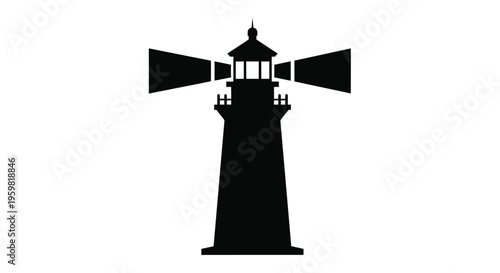 A stark black silhouette of a lighthouse with beams of light