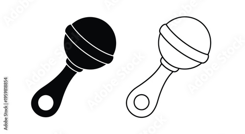 Simple black and white illustration of a baby rattle with two variations