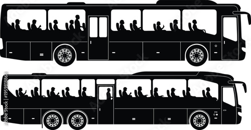 Bus Silhouette Set with Passengers, Public Transport Vehicle Vector, City Transit Coach, Travel and Commuter Bus Icons, Side View Transportation.