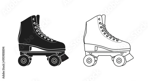 Black and white illustration of a pair of vintage roller skates