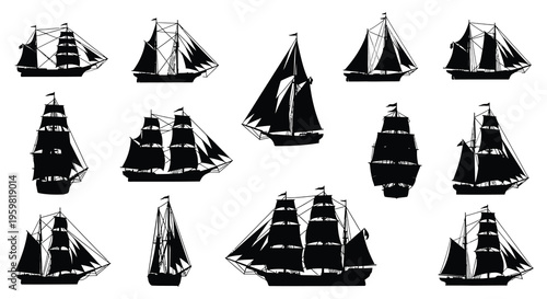 Collection of vintage sailing ships depicted in black silhouette