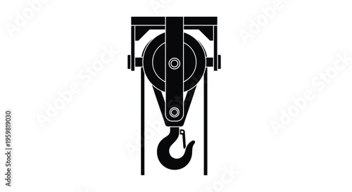 A black and white illustration of a pulley system with a hook