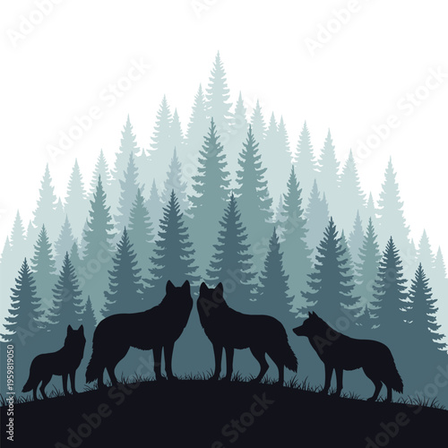 Silhouette of four wolves standing together.