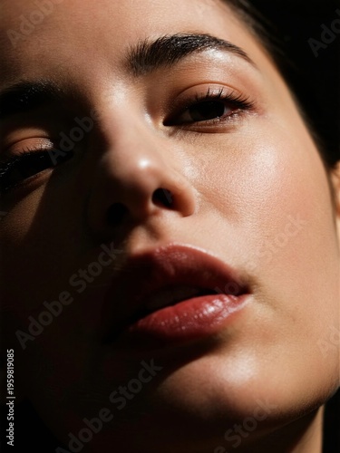 Close-Up Portrait of Woman with Natural Makeup and Soft Lighting