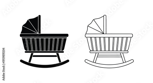 Two black and white line art depictions of baby cradles