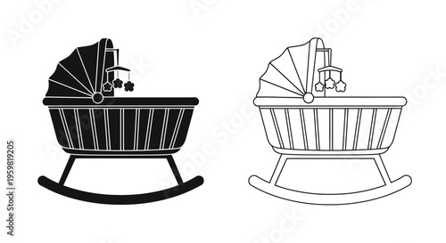 Black and white illustration of two baby cradles with canopies