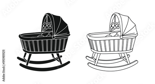 Two black and white illustrations of vintage baby carriages or prams