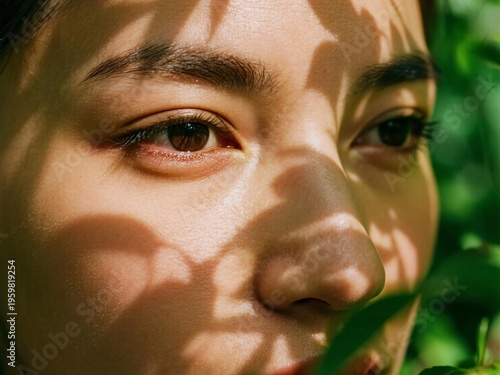 Close-Up of Woman's Face With Shadows from Leaves on Skin
