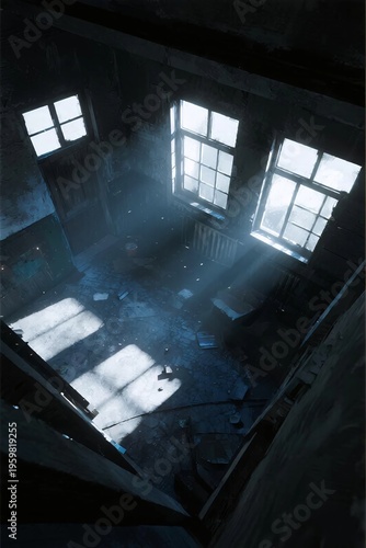 Abandoned Room with Dusty Windows and Sunlight Streaming In