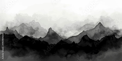 A majestic aerial panorama of misty snow-covered Alps peaks rising through a blanket of winter fog and clouds against a blue sunrise sky over a deep mountain valley